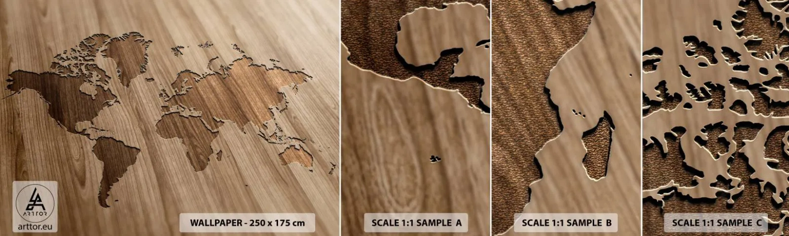 Mostră tapet autocolant Deluxe Sticker - Lumea servită pe masă - Harta lumii, Lemn, Continente - 100x30 cm