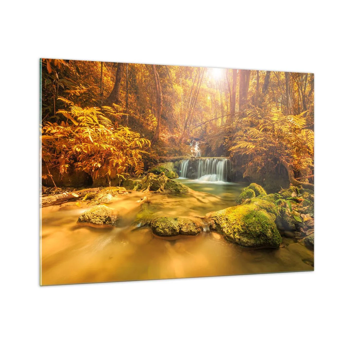 Tablou pe sticlă - Cascadă de pădure în aur - 100x70 cm