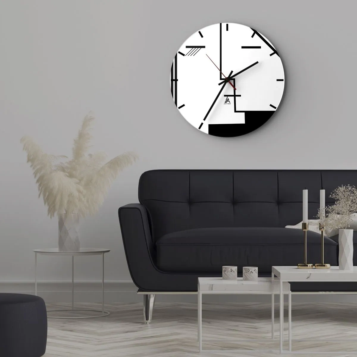 Ceas de perete - Ceas pe sticlă - Grafică minimalistă alb-negru cu linii geometrice - 30x30cm - Doar un sărut - Decorațiune modernă pentru perete pentru living, bucătărie și dormitor ARTTOR