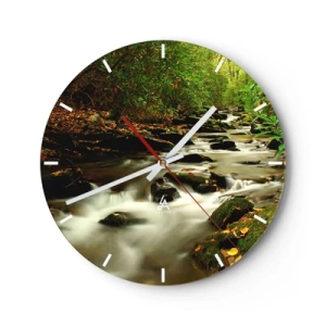 Ceas de perete - Ceas pe sticlă - Un pârâu de pădure înconjurat de verdeață - 30x30cm - Ca argintul lichid - Decorațiune modernă pentru perete pentru living, bucătărie și dormitor ARTTOR