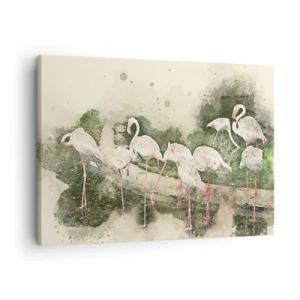 Tablou pe pânză Canvas - Flamingo în mediul lor natural, în stil acuarelă - 70x50cm - Un vis exotic - Decorațiune modernă pentru perete pentru living și dormitor ARTTOR