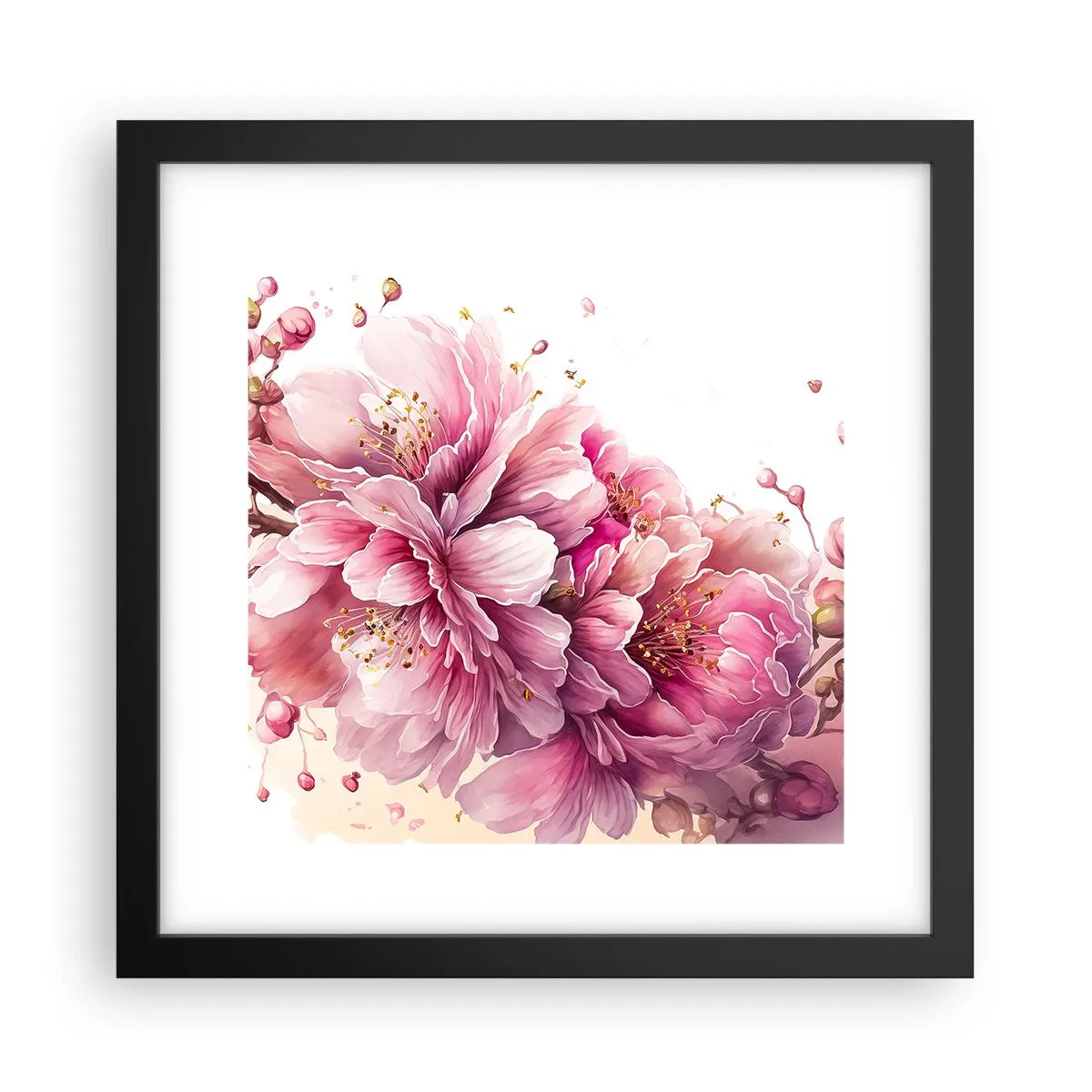 Poster în ramă neagră - Flori de cireș - 30x30 cm