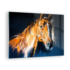 Tablou pe sticlă - Portretul unui cal în nuanțe intense de maro pe un fundal întunecat - 70x50cm - Și ce, te duci? - Decorațiune modernă pentru perete pentru living și dormitor ARTTOR