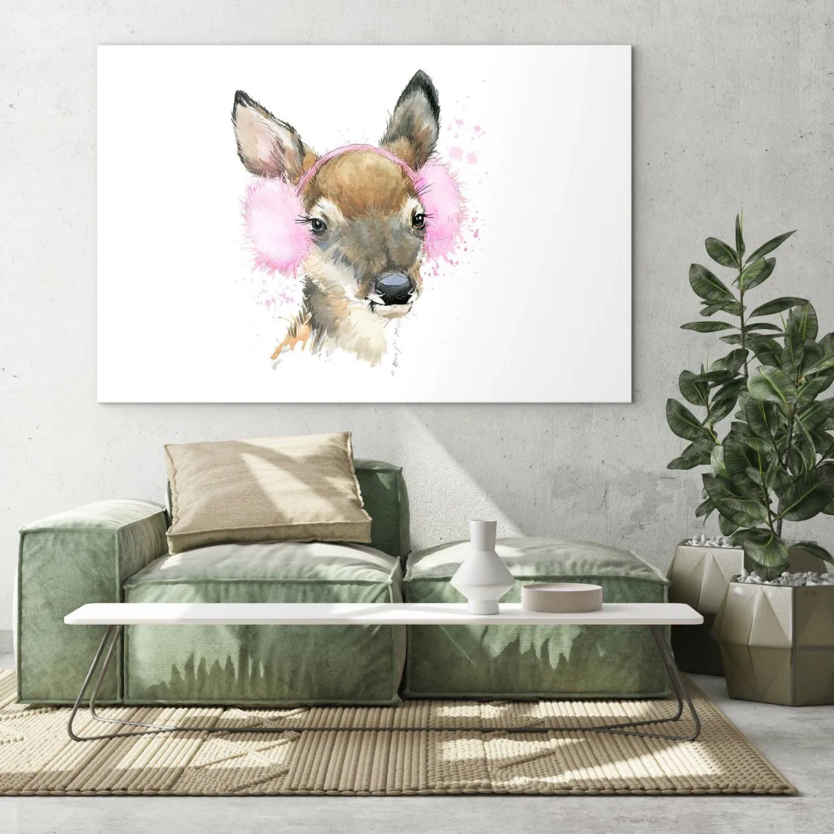 Tablou pe sticlă - Un cerb în căști roz de blană - 70x50cm - Și gerul nu mai este înfricoșător - Decorațiune modernă pentru perete pentru living și dormitor ARTTOR