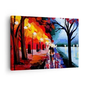 Tablou pe pânză Canvas - O plimbare de toamnă de-a lungul cărării cu vedere la apă - 70x50cm - Toamnă înflăcărată în parc - Decorațiune modernă pentru perete pentru living și dormitor ARTTOR