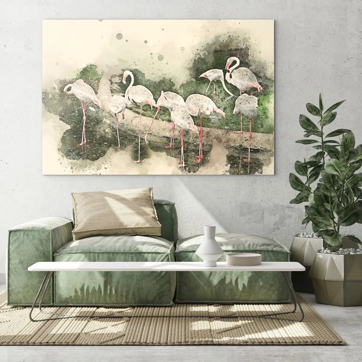 Tablou pe sticlă - Flamingo pe fundalul unei compoziții în acuarelă - 70x50cm - Un vis exotic - Decorațiune modernă pentru perete pentru living și dormitor ARTTOR