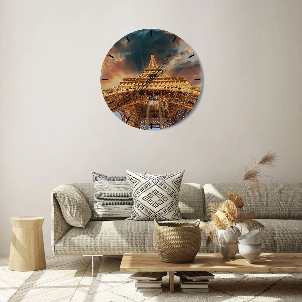 Ceas de perete - Ceas pe sticlă - Perspectiva Turnului Eiffel la apus - 30x30cm - Cum a ajuns omenirea la cer - Decorațiune modernă pentru perete pentru living, bucătărie și dormitor ARTTOR