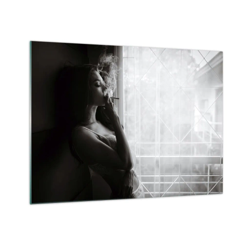Tablou pe sticlă - Femeie fumând lângă fereastră, în alb și negru - 70x50cm - Un moment senzual - Decorațiune modernă pentru perete pentru living și dormitor ARTTOR