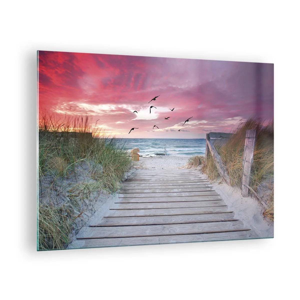 Tablou pe sticlă - Calea spre plajă la apus cu păsările în zbor - 70x50cm - Impresie baltică - Decorațiune modernă pentru perete pentru living și dormitor ARTTOR
