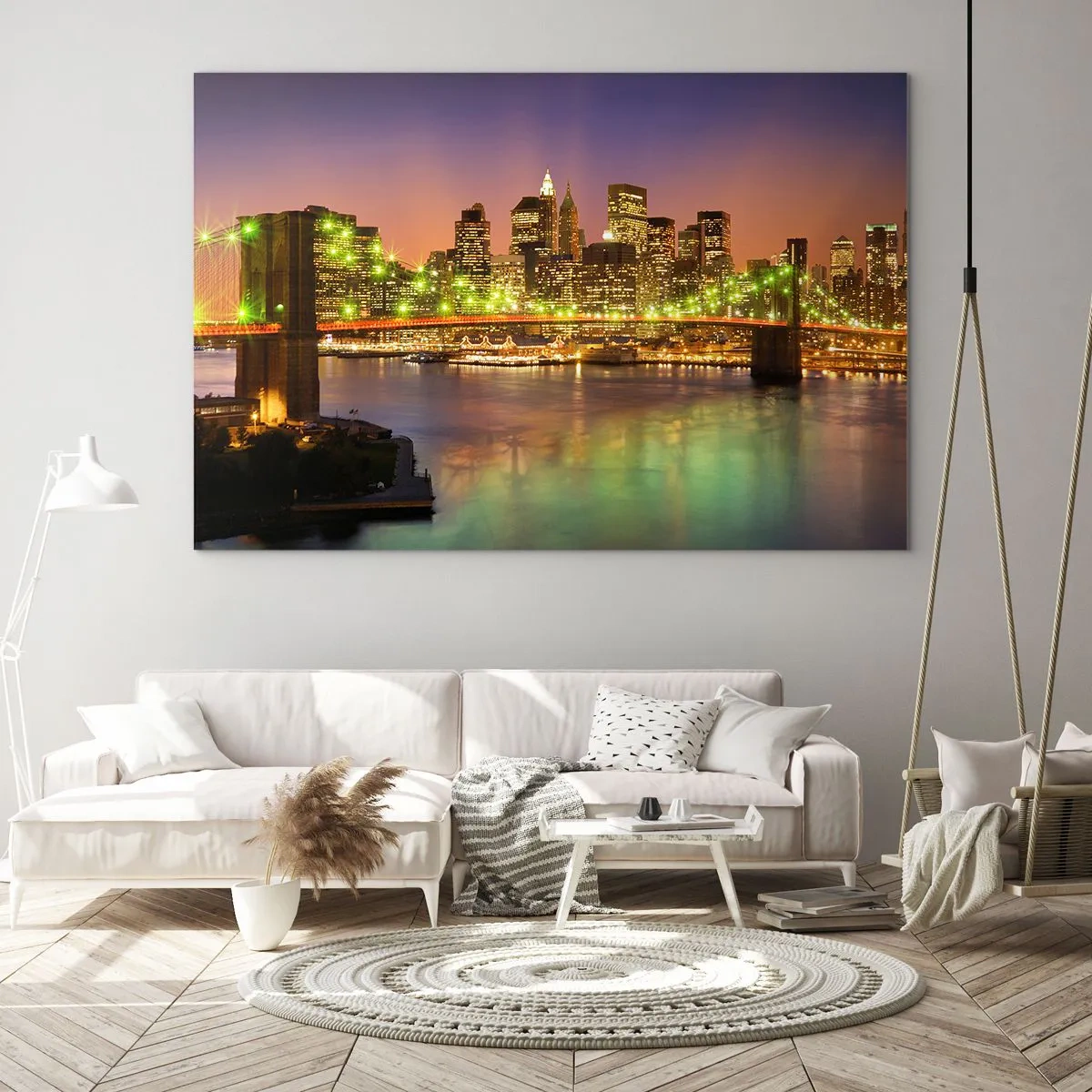 Tablou pe sticlă - Pod iluminat peste râu cu o vedere panoramică a orașului la amurg - 70x50cm - Lumina nu se stinge niciodată aici - Decorațiune modernă pentru perete pentru living și dormitor ARTTOR