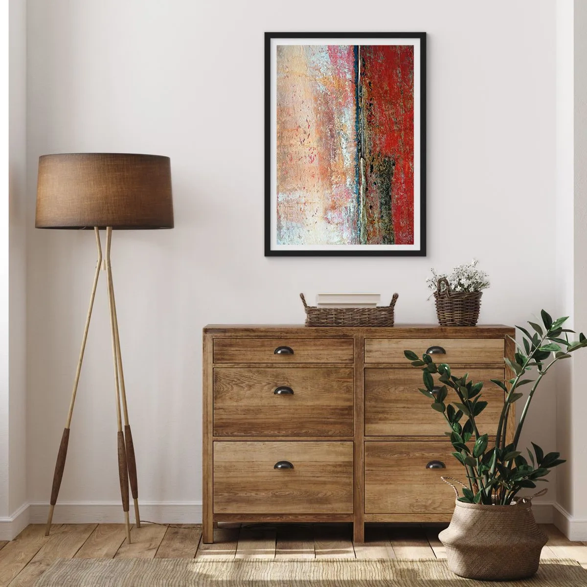 Poster în ramă neagră - Textură abstractă cu abraziuni în roșu și bej - 50x70cm - Oare este marea? - Decorațiune modernă pentru perete pentru living și dormitor ARTTOR