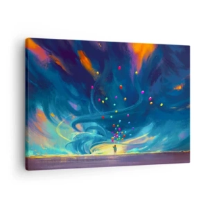 Tablou pe pânză Canvas - O figură cu baloane pe un fundal de nori colorați și învolburați - 70x50cm - Pe un vânt albastru - Decorațiune modernă pentru perete pentru living și dormitor ARTTOR