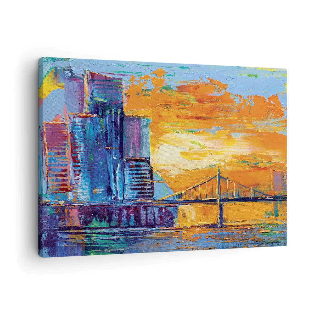 Tablou pe pânză Canvas - Un oraș colorat cu un pod în soarele apus - 70x50cm - Cultură și natură - Decorațiune modernă pentru perete pentru living și dormitor ARTTOR