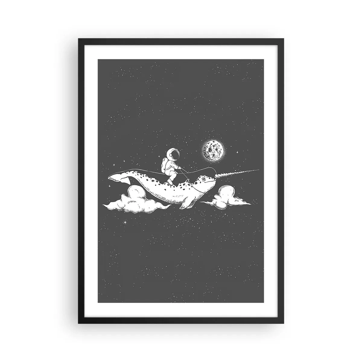 Poster în ramă neagră - Astronautul pe spatele unui narval în spațiu - 50x70cm - Cavalerul Spațial - Decorațiune modernă pentru perete pentru living și dormitor ARTTOR