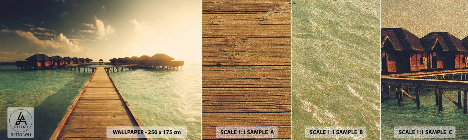 Mostră tapet Premium Sand - O invitație caldă - Maldive, Peisaj, Case pe apă - 100x30 cm