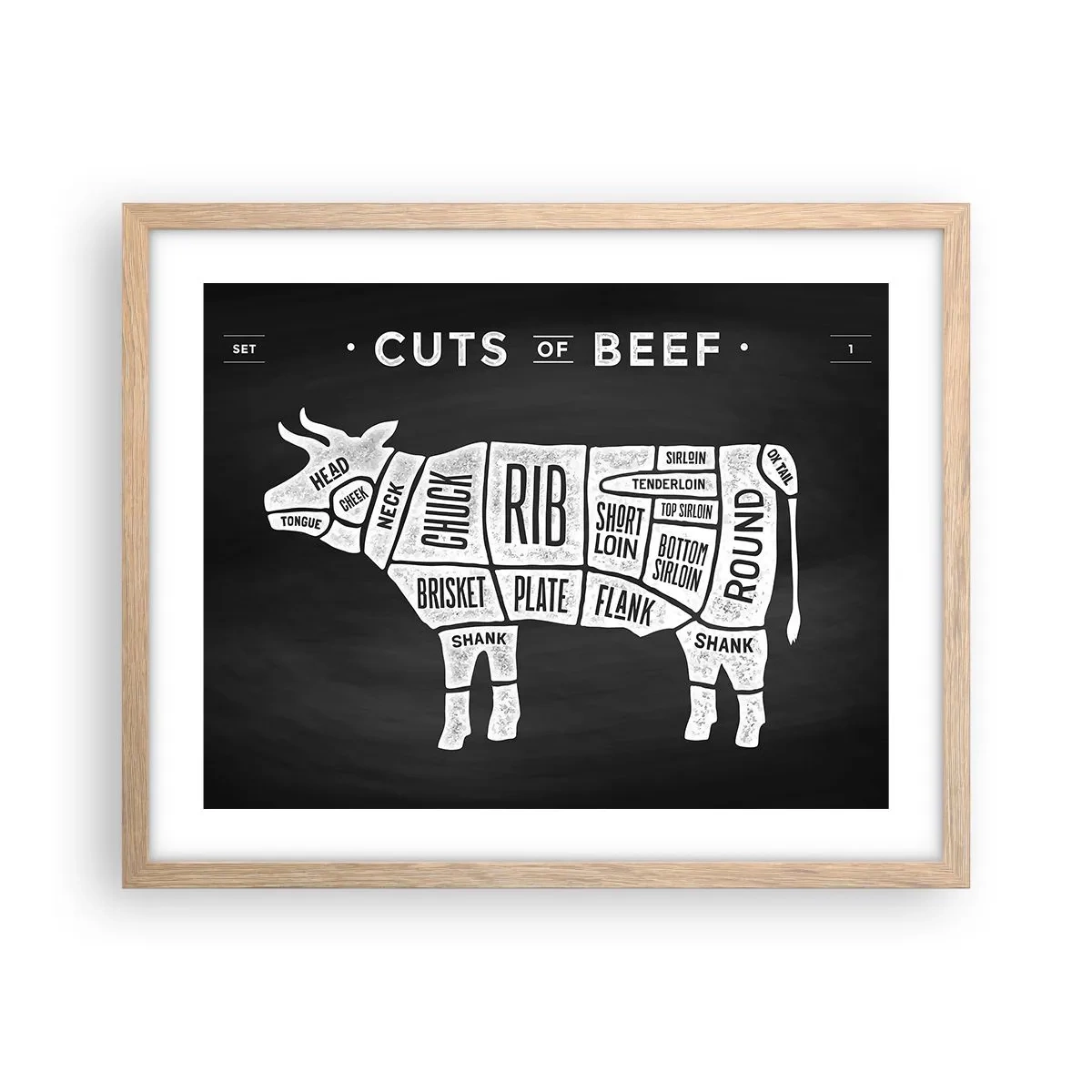 Poster în ramă de stejar deschis - Abecedar de măcelar - 50x40 cm