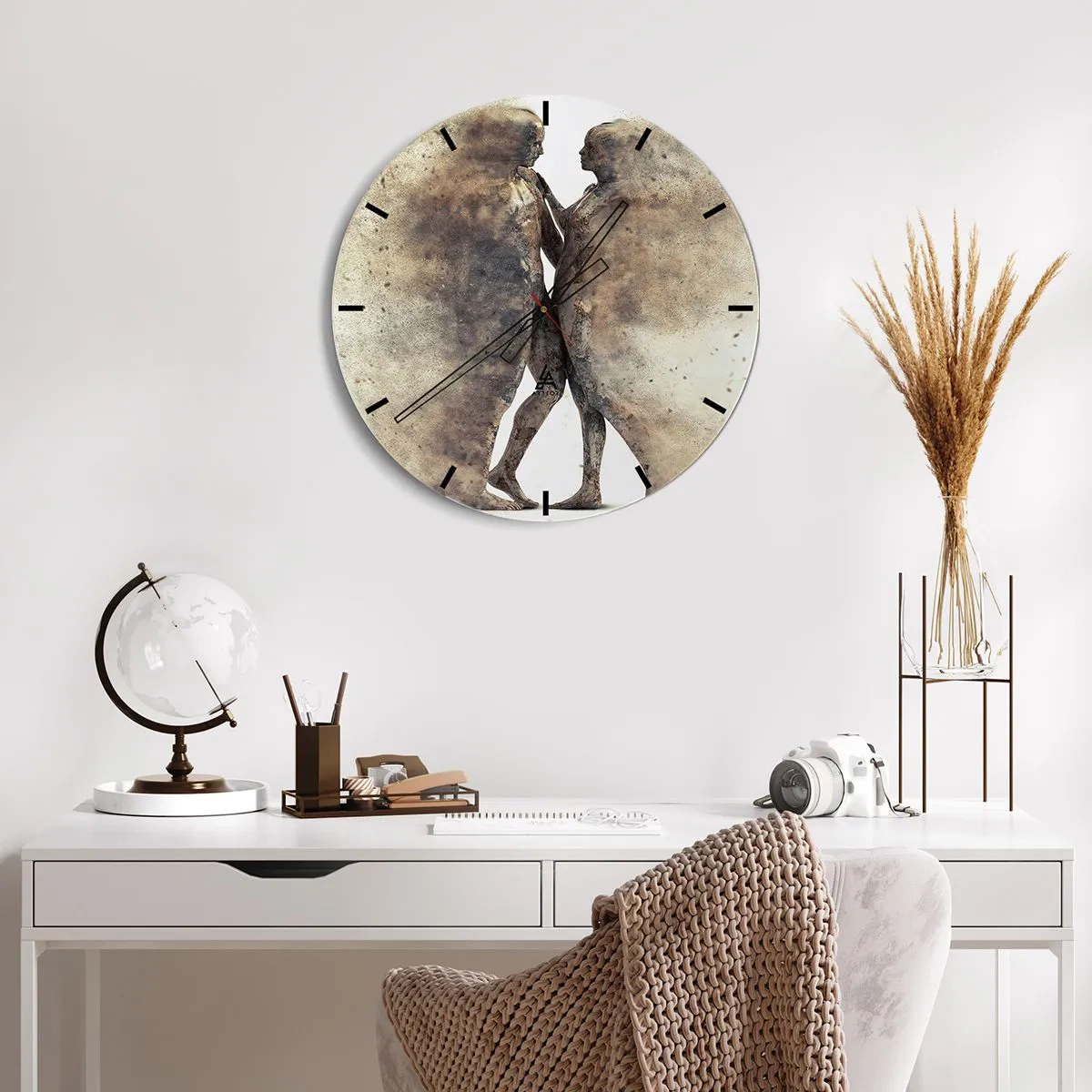 Ceas de perete - Ceas pe sticlă - Două siluete într-un stil abstract pe un fundal deschis - 30x30cm - Din praf s-au ridicat la iubire - Decorațiune modernă pentru perete pentru living, bucătărie și dormitor ARTTOR