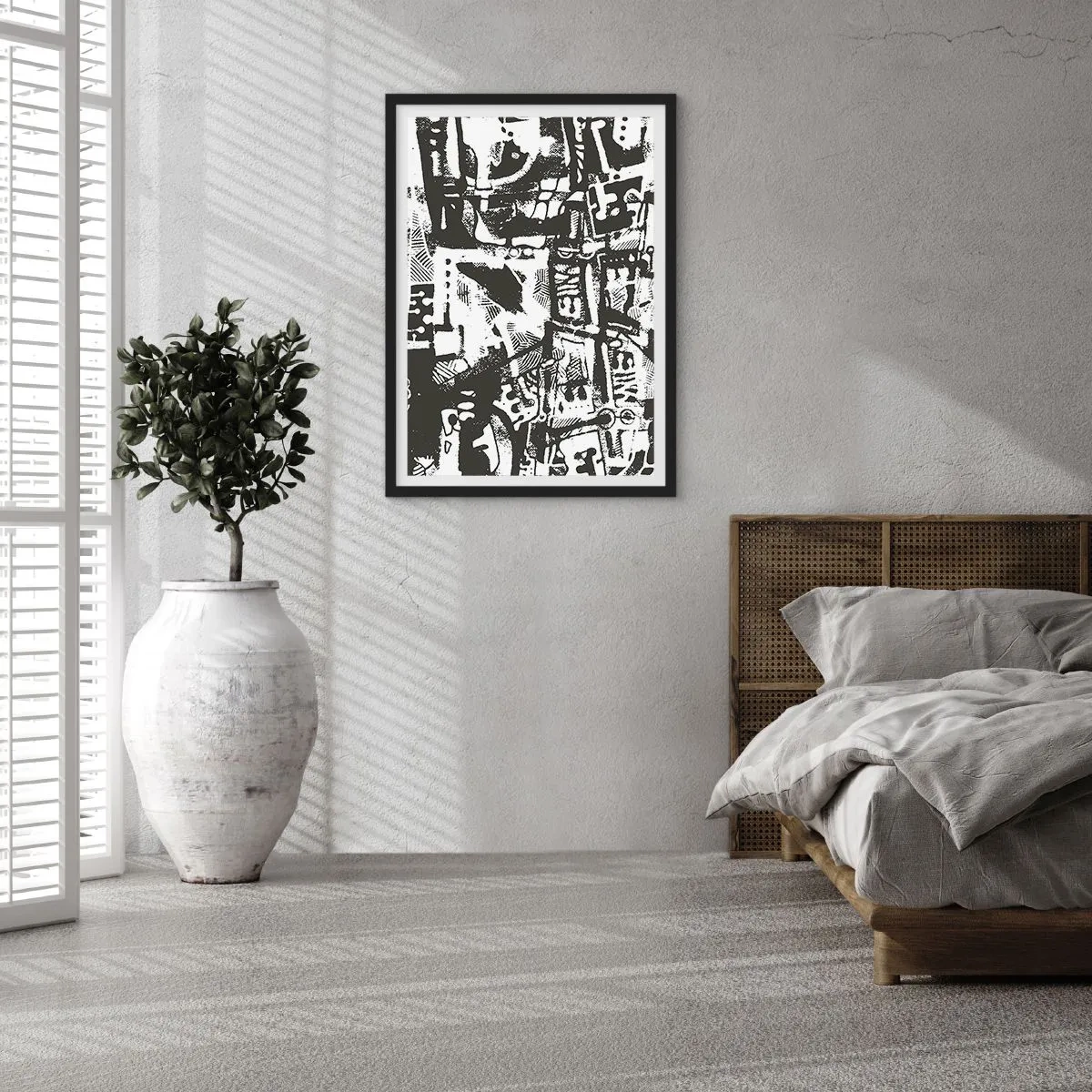 Poster în ramă neagră - Grafică abstractă alb-negru cu forme geometrice - 50x70cm - Ordine sau haos? - Decorațiune modernă pentru perete pentru living și dormitor ARTTOR