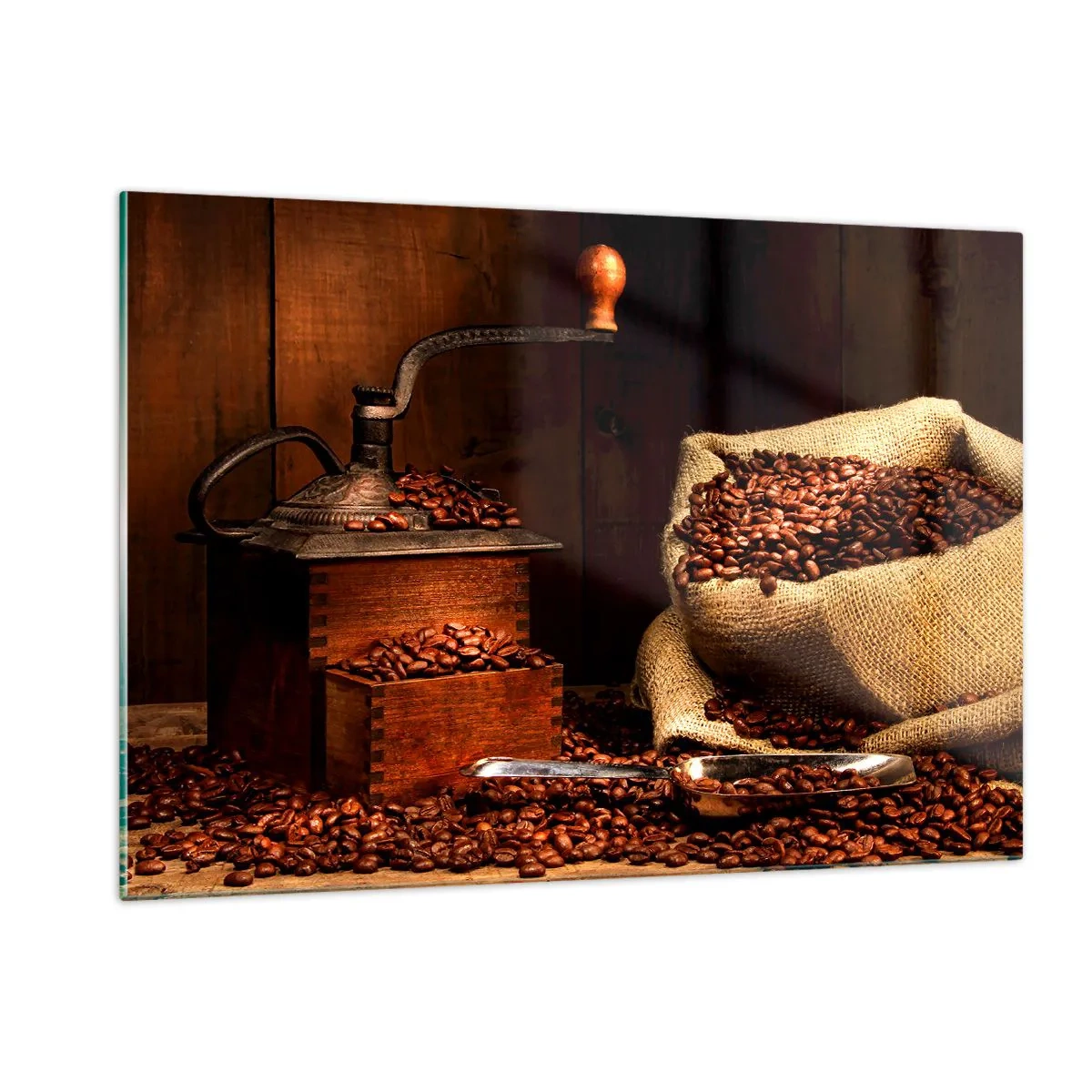 Tablou pe sticlă - Natură moartă cu boabe de cafea și măcinător - 120x80 cm