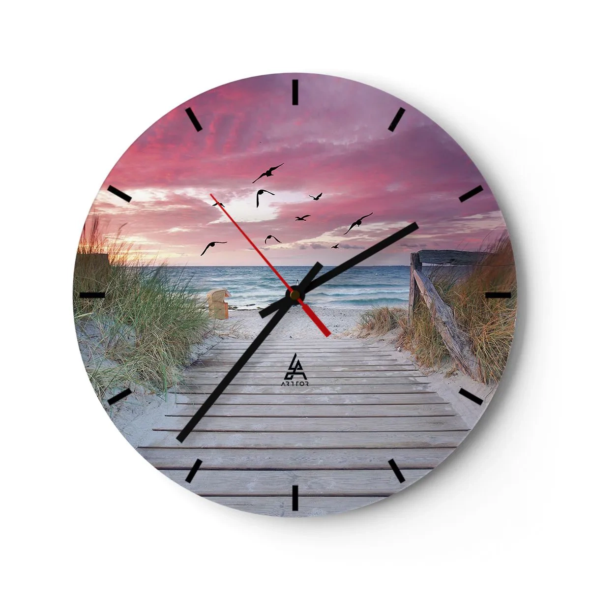 Ceas de perete - Ceas pe sticlă - Debarcader din lemn care duce la plajă la apus - 30x30cm - Impresie baltică - Decorațiune modernă pentru perete pentru living, bucătărie și dormitor ARTTOR