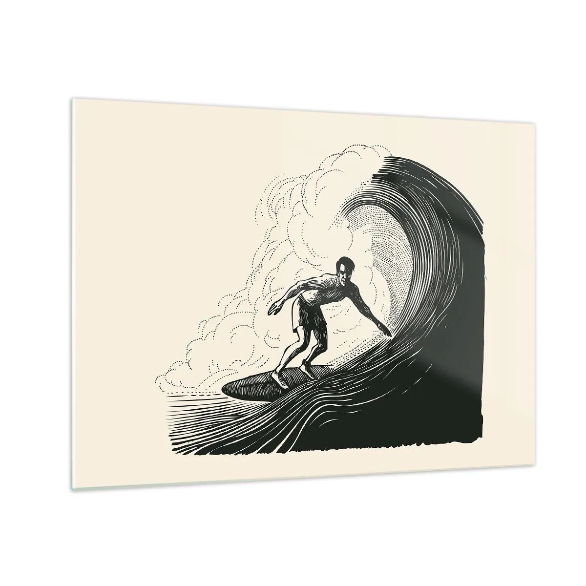Tablou pe sticlă - Surfer călare pe un val înalt într-un stil de desen retro - 70x50cm - Regele valului - Decorațiune modernă pentru perete pentru living și dormitor ARTTOR