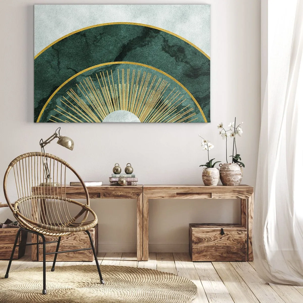 Tablou pe pânză Canvas - Model abstract cu cercuri în culorile smarald și auriu. - 70x50cm - Un alt sistem solar - Decorațiune modernă pentru perete pentru living și dormitor ARTTOR