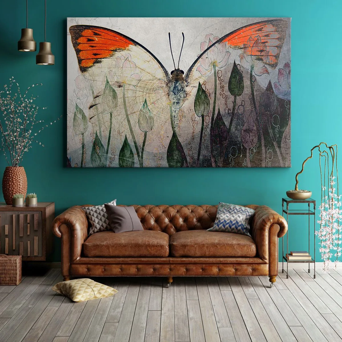 Tablou pe pânză Canvas - Un fluture cu aripi portocalii pe un fundal de flori stilizate. - 70x50cm - Unde fluturele se leagănă pe iarbă - Decorațiune modernă pentru perete pentru living și dormitor ARTTOR