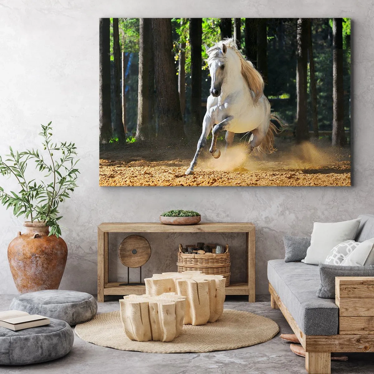 Tablou pe pânză Canvas - Un cal alb galopând printr-o poiană - 70x50cm - Ca într-un roman fantastic - Decorațiune modernă pentru perete pentru living și dormitor ARTTOR