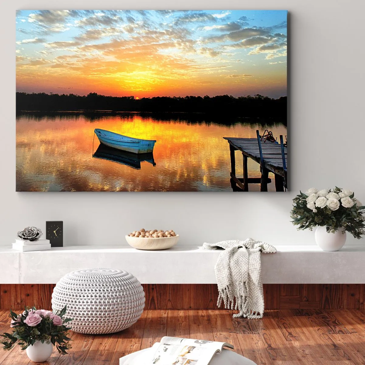 Tablou pe pânză Canvas - O barcă pe un lac liniștit la apusul soarelui - 70x50cm - Privește, ascultă, meditează - Decorațiune modernă pentru perete pentru living și dormitor ARTTOR