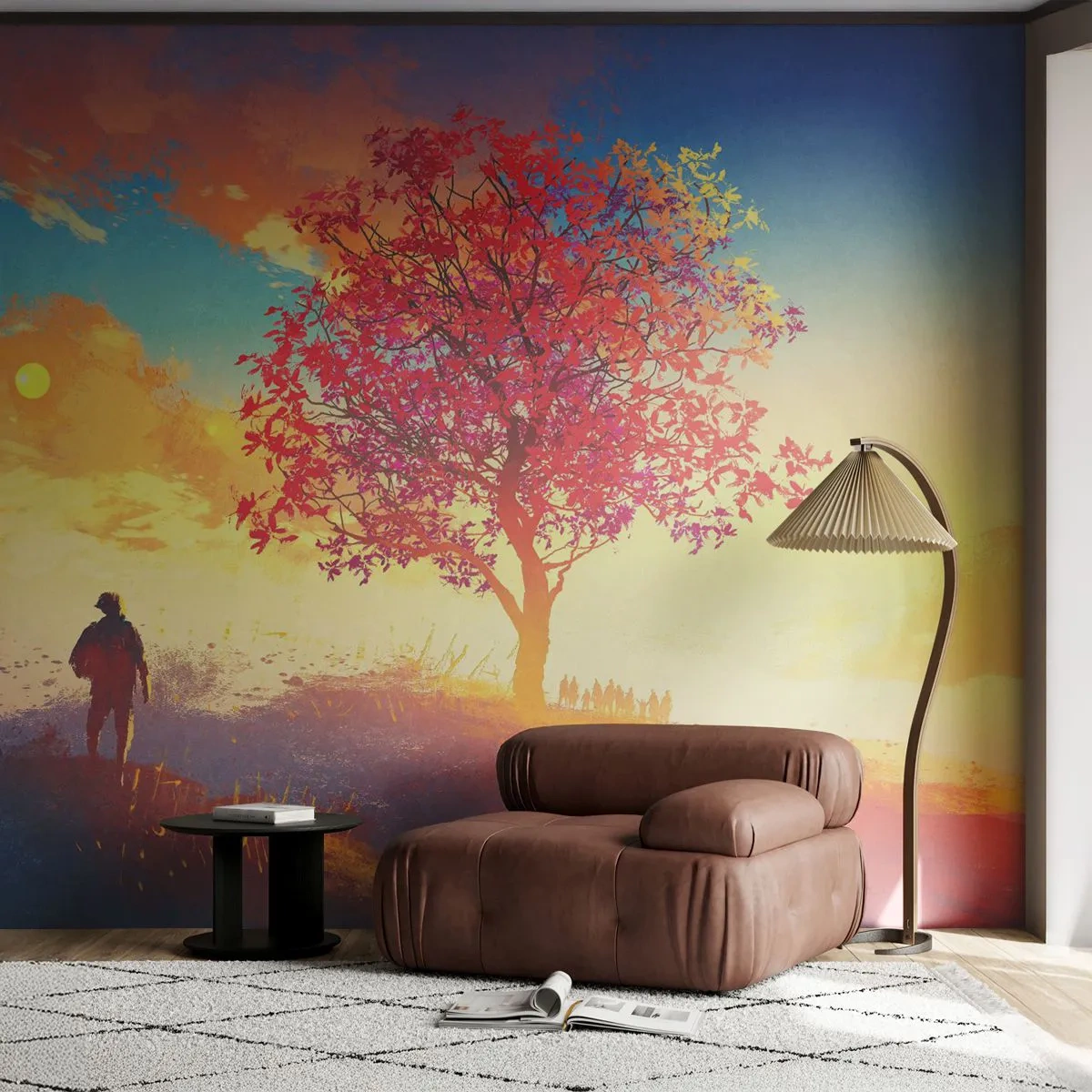 Tapet Standard Eco - figură solitară în natură cu un copac colorat pe fundalul soarelui - 100x70cm - Pelerin la destinație - Decorațiune modernă pentru perete pentru living și dormitor ARTTOR