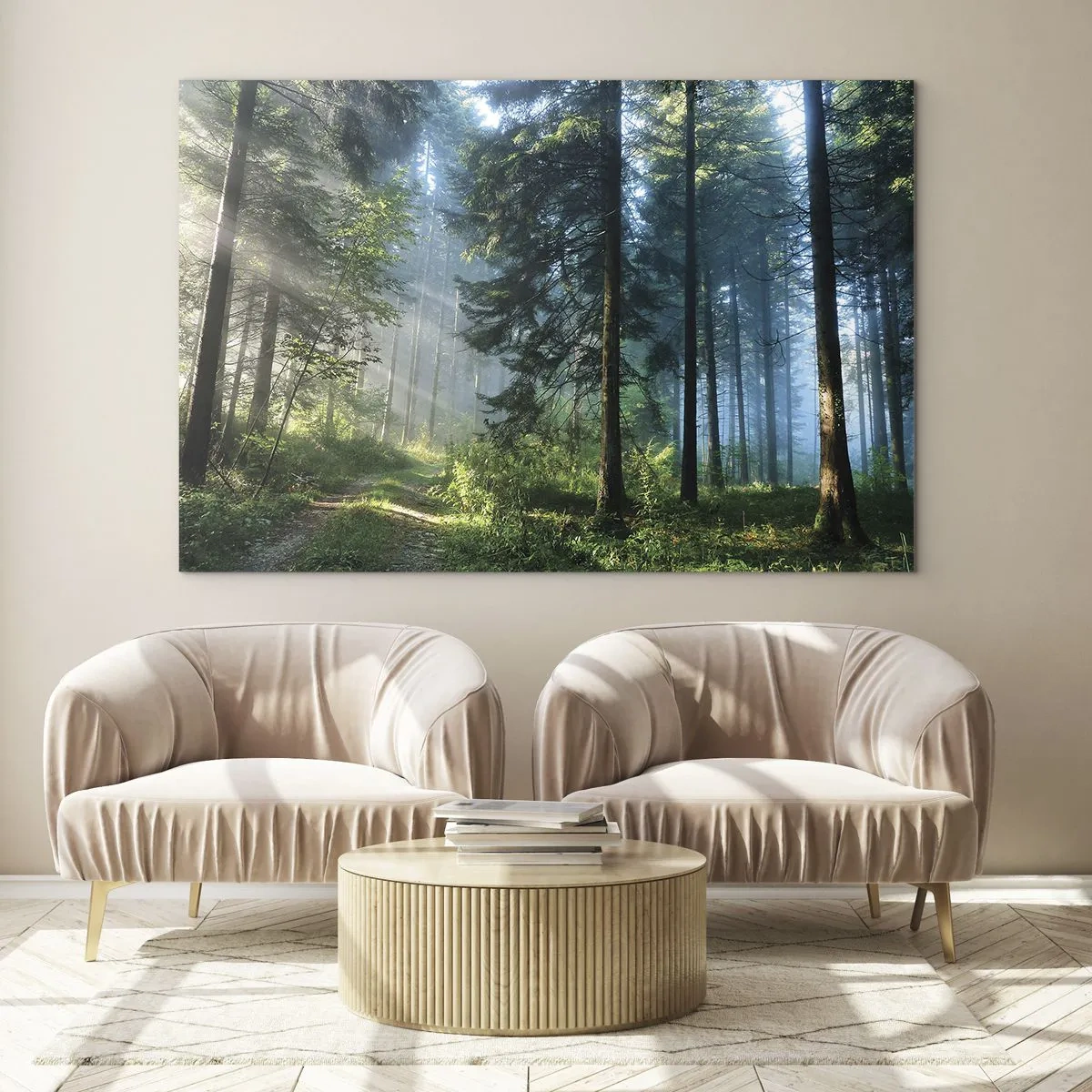 Tablou pe sticlă - O cărare de pădure în ceața dimineții printre copaci înalți - 70x50cm - Strălucirea de dimineață - Decorațiune modernă pentru perete pentru living și dormitor ARTTOR