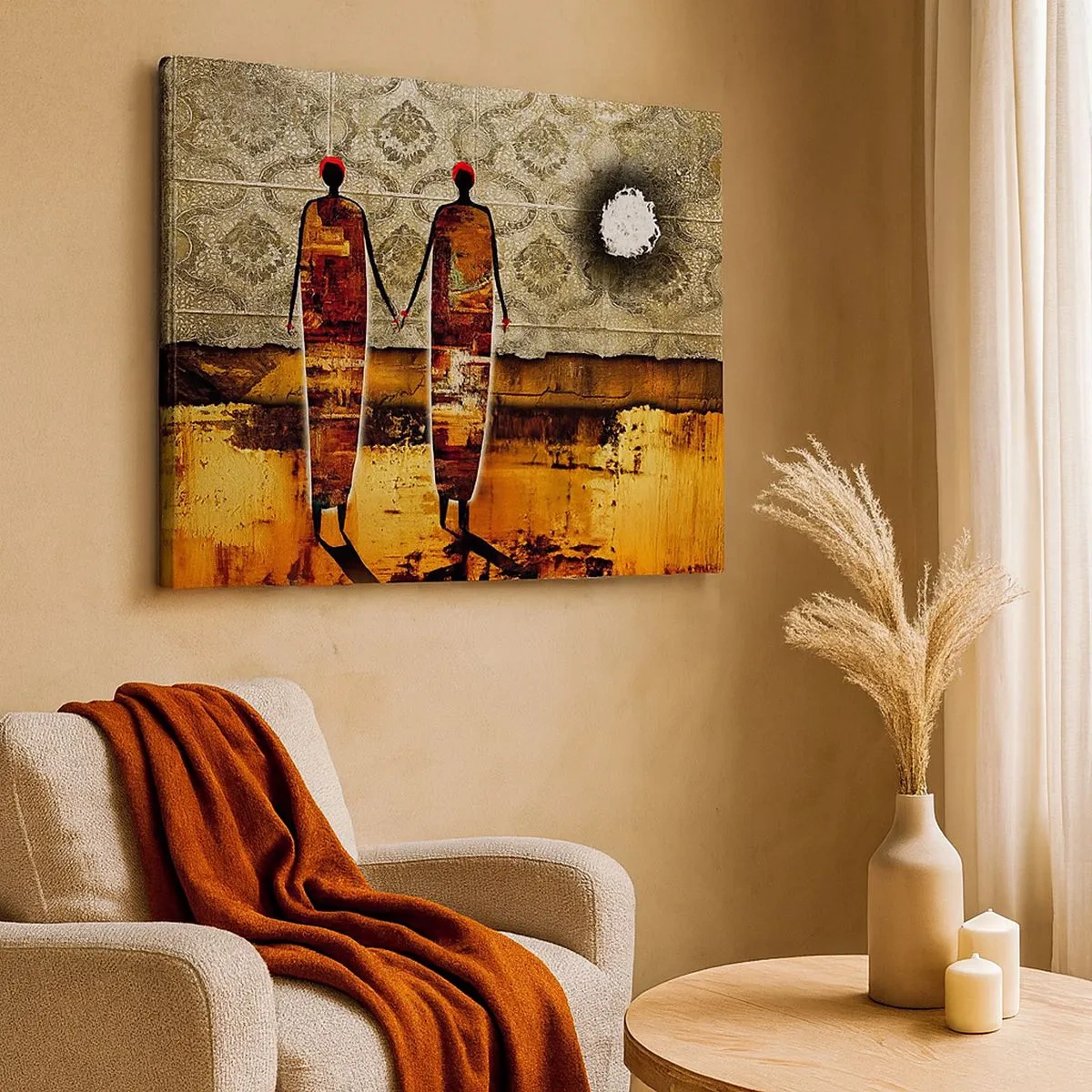 Tablou pe pânză Canvas - O pereche abstractă de figuri pe un fundal de modele aurii și un peisaj. - 70x50cm - Compoziție etnică în culorile Africii - Decorațiune modernă pentru perete pentru living și dormitor ARTTOR