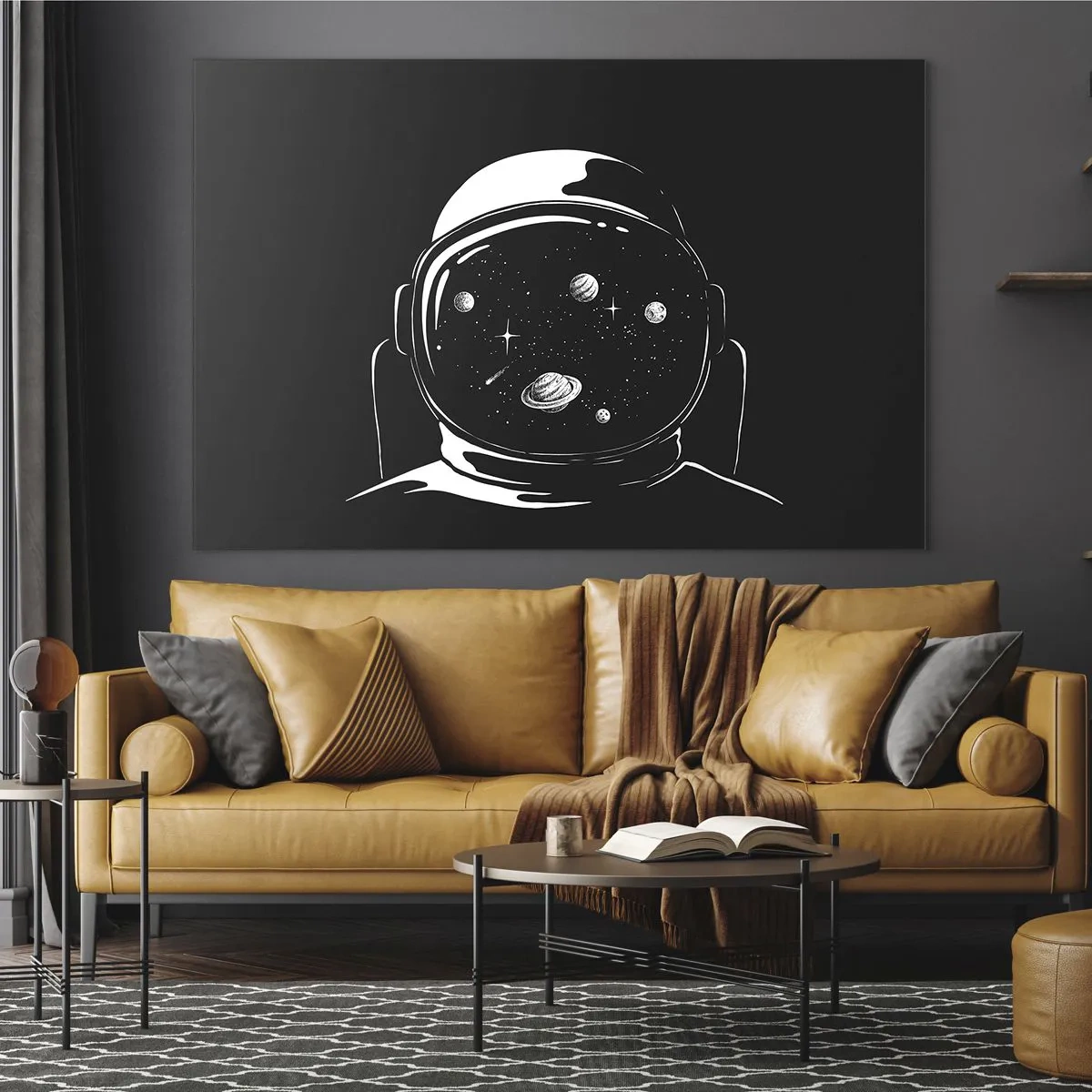 Tablou pe sticlă - Astronaut cu stele și planete în cască pe fundal negru - 70x50cm - Mișto priveliște - Decorațiune modernă pentru perete pentru living și dormitor ARTTOR