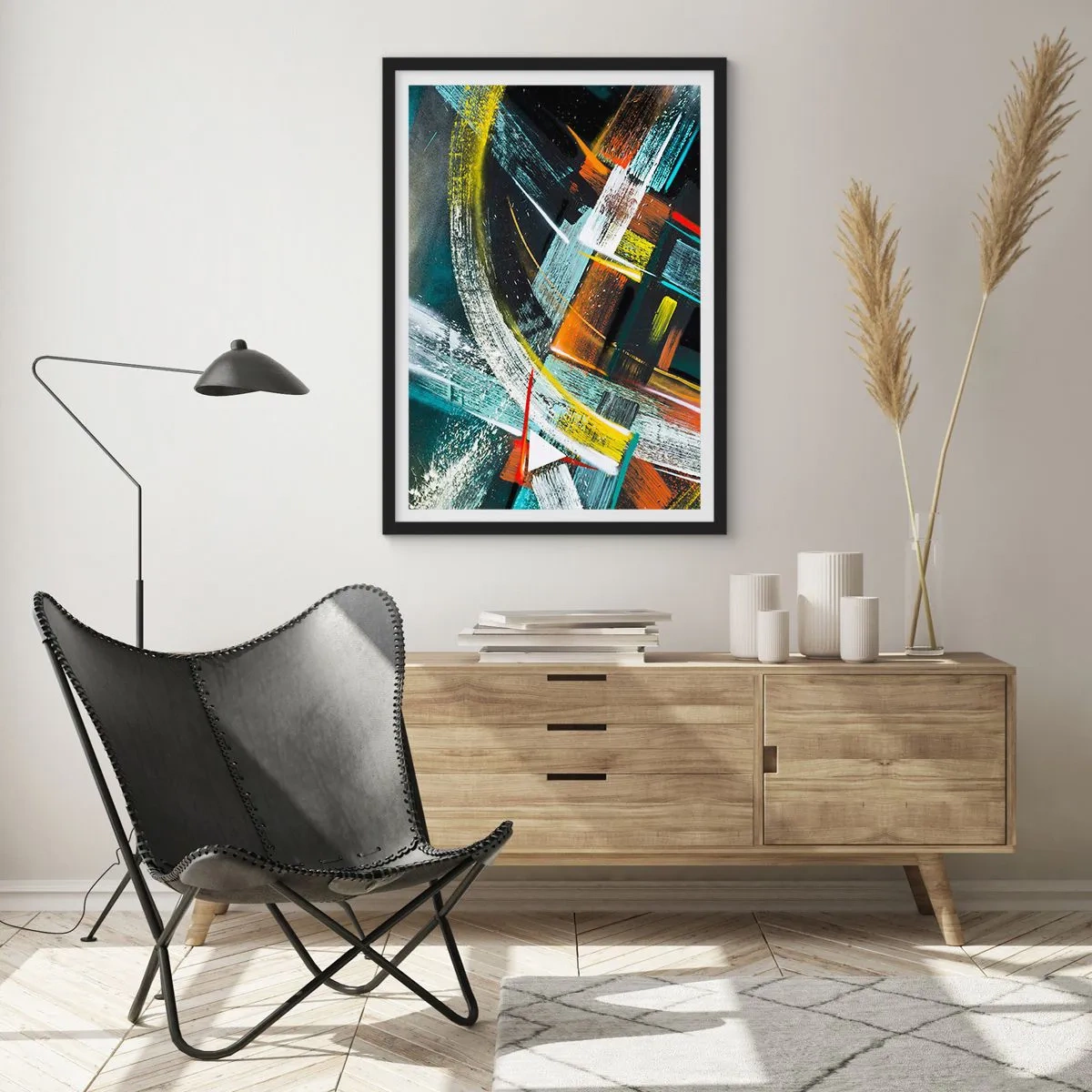 Poster în ramă neagră - Abstracție în culori intense cu forme geometrice - 50x70cm - Energia în mișcare - Decorațiune modernă pentru perete pentru living și dormitor ARTTOR