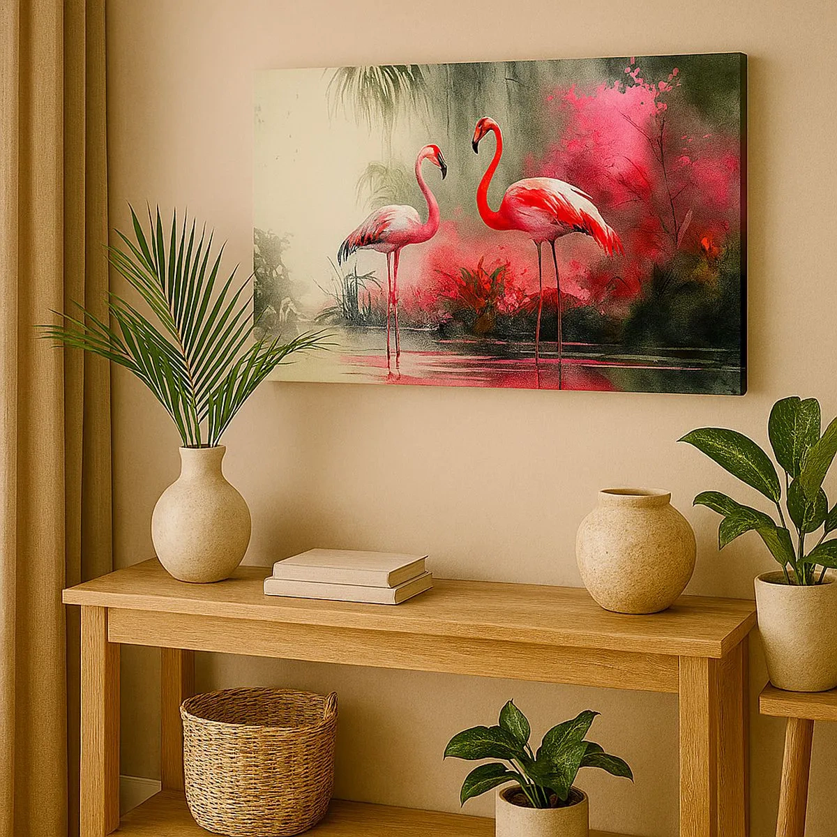 Tablou pe pânză Canvas - Flamingo lângă apă, înconjurat de vegetație - 70x50cm - O lecție de farmec natural - Decorațiune modernă pentru perete pentru living și dormitor ARTTOR