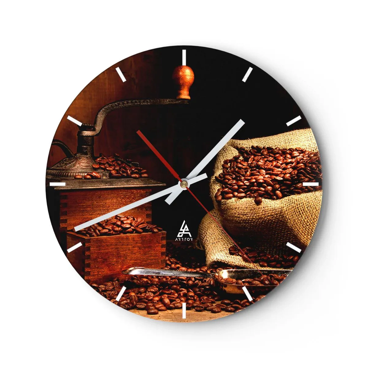 Ceas de perete - Ceas pe sticlă - Boabe de cafea și o râșniță în stil rustic - 30x30cm - Natură moartă cu boabe de cafea și măcinător - Decorațiune modernă pentru perete pentru living, bucătărie și dormitor ARTTOR