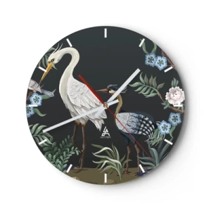 Ceas de perete - Ceas pe sticlă - Păsări decorative printre plante pe un fundal întunecat - 30x30cm - Parada păsărilor - Decorațiune modernă pentru perete pentru living, bucătărie și dormitor ARTTOR
