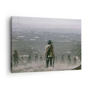 Tablou pe pânză Canvas - O figură cu o armă stă în fața unui grup într-un peisaj distopic. - 70x50cm - Ultimul om în picioare? - Decorațiune modernă pentru perete pentru living și dormitor ARTTOR