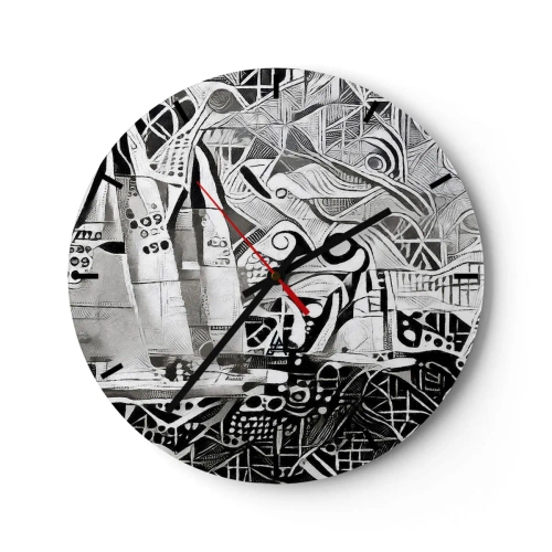 Ceas de perete - Ceas pe sticlă - Valuri abstracte alb-negru cu elemente geometrice - 30x30cm - Între valuri - Decorațiune modernă pentru perete pentru living, bucătărie și dormitor ARTTOR