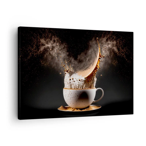 Tablou pe pânză Canvas - O ceașcă de cafea cu o explozie dinamică de lichid pe un fundal negru. - 70x50cm - O explozie de arome - Decorațiune modernă pentru perete pentru living și dormitor ARTTOR