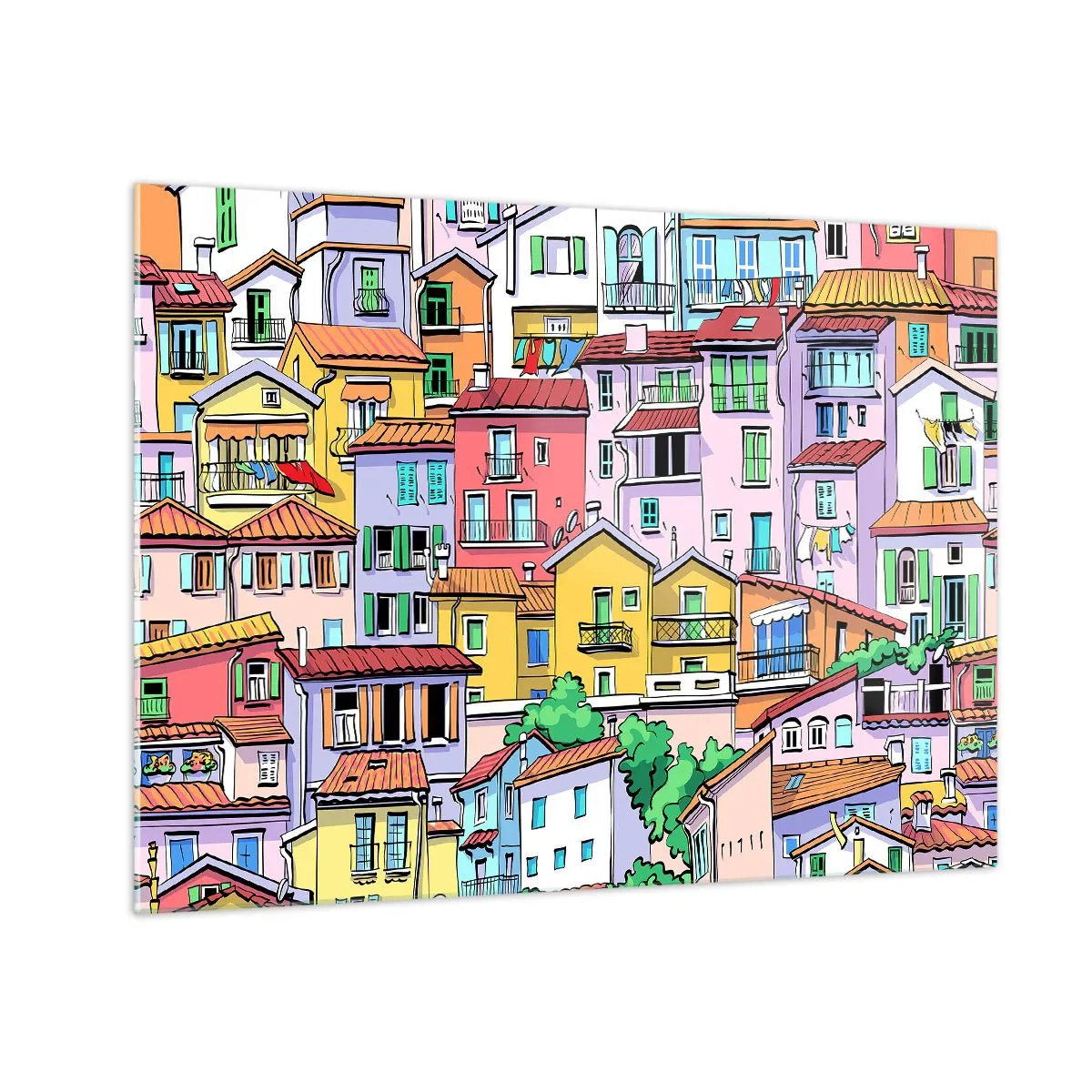 Tablou pe sticlă - Case de locuit colorate în stil desen animat, pline de detalii - 70x50cm - Oraș vesel - Decorațiune modernă pentru perete pentru living și dormitor ARTTOR