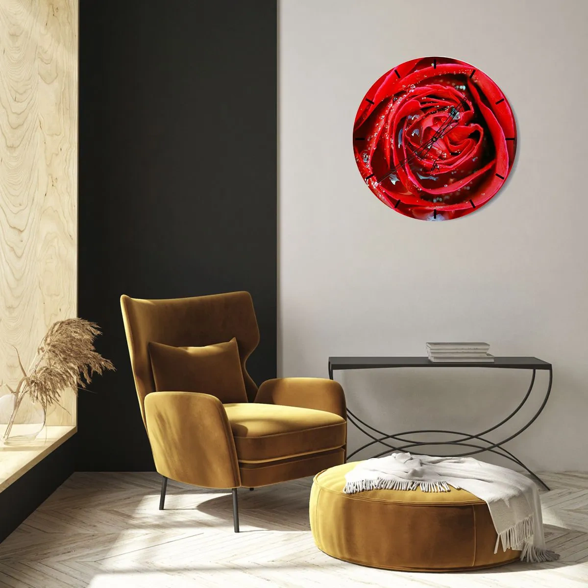 Ceas de perete - Ceas pe sticlă - Prim-plan al unui trandafir roșu acoperit cu picături de apă - 30x30cm - În picături de rouă - Decorațiune modernă pentru perete pentru living, bucătărie și dormitor ARTTOR