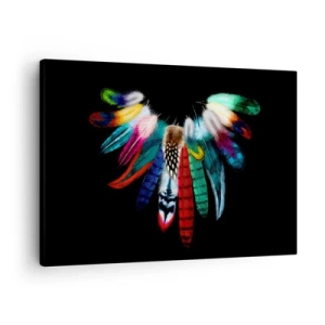 Tablou pe pânză Canvas - Pene colorate pe fundal negru într-o compoziție artistică - 70x50cm - Colier indian - Decorațiune modernă pentru perete pentru living și dormitor ARTTOR