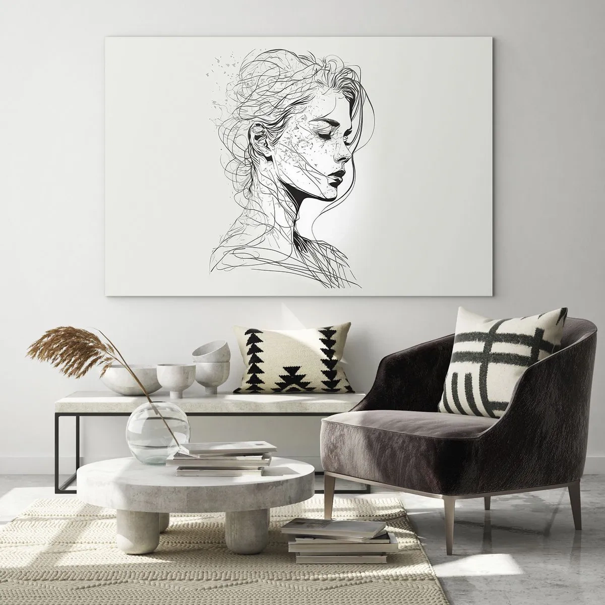 Tablou pe sticlă - O schiță alb-negru a unei femei cu ochii închiși într-o linie delicată. - 70x50cm - Desenată cu linii - Decorațiune modernă pentru perete pentru living și dormitor ARTTOR