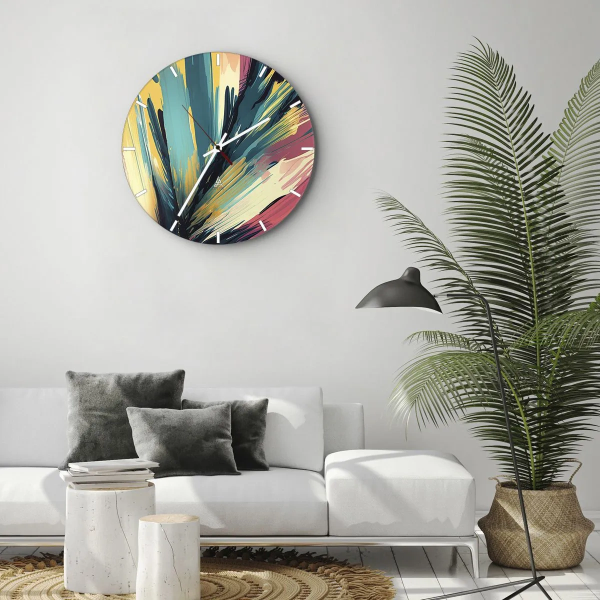 Ceas de perete - Ceas pe sticlă - O explozie de culori în stilul unor tușe expresive. - 30x30cm - Compoziția - o explozie de bucurie - Decorațiune modernă pentru perete pentru living, bucătărie și dormitor ARTTOR