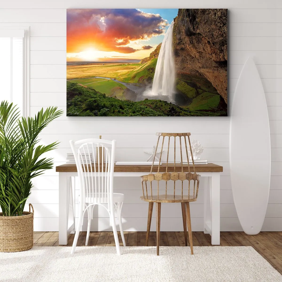 Tablou pe pânză Canvas - cascadă într-un peisaj pitoresc la apus - 70x50cm - Vara plină de Islanda - Decorațiune modernă pentru perete pentru living și dormitor ARTTOR