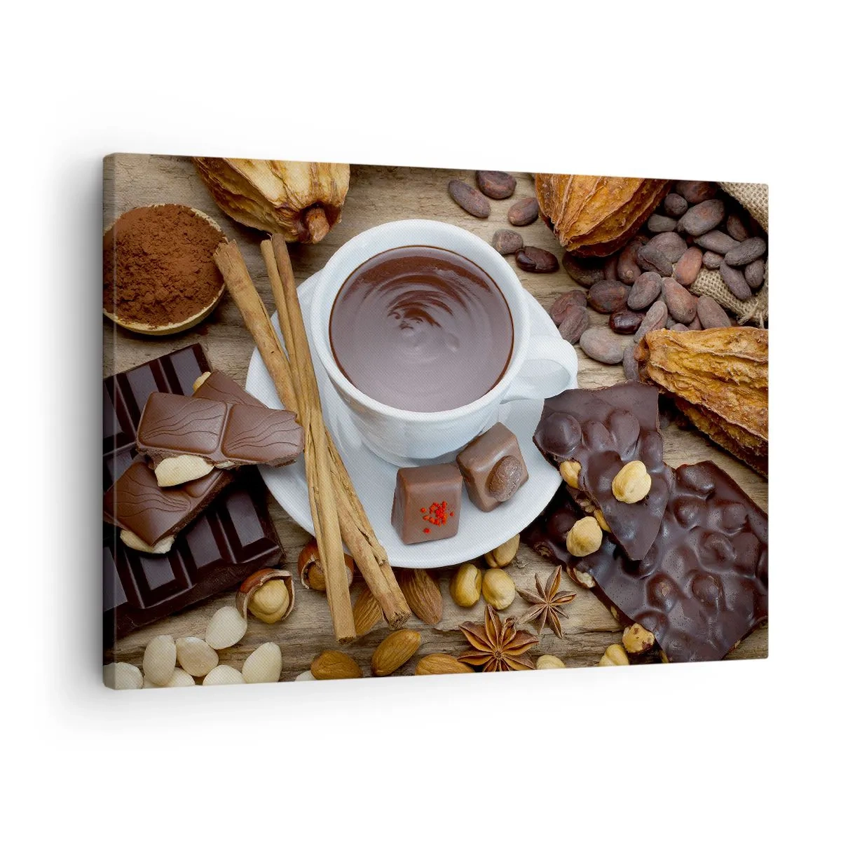 Tablou pe pânză Canvas - O ceașcă de ciocolată caldă înconjurată de ingrediente pentru desert - 70x50cm - De la fabrica de ciocolată de basm - Decorațiune modernă pentru perete pentru living și dormitor ARTTOR