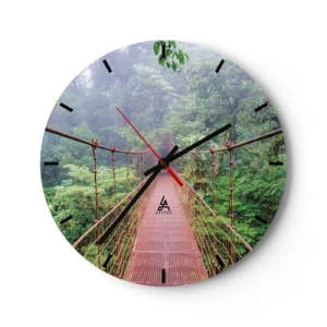 Ceas de perete - Ceas pe sticlă - Un pod suspendat roșu în mijlocul unei jungle tropicale - 30x30cm - Suspendat deasupra coroanelor arborilor - Decorațiune modernă pentru perete pentru living, bucătărie și dormitor ARTTOR