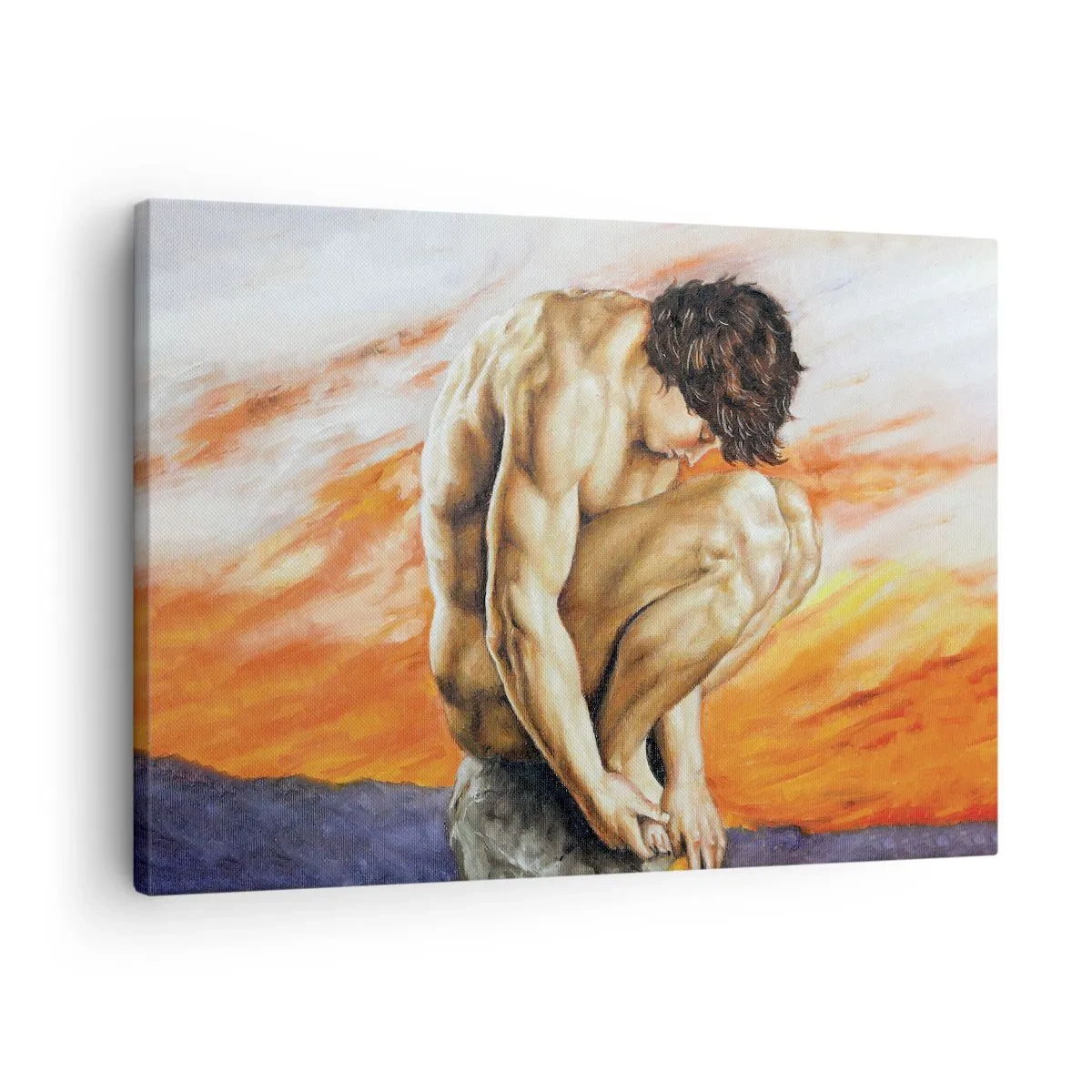 Tablou pe pânză Canvas - Un bărbat pierdut în gânduri pe fundalul unui apus de soare - 70x50cm - Ascultându-se pe sine - Decorațiune modernă pentru perete pentru living și dormitor ARTTOR