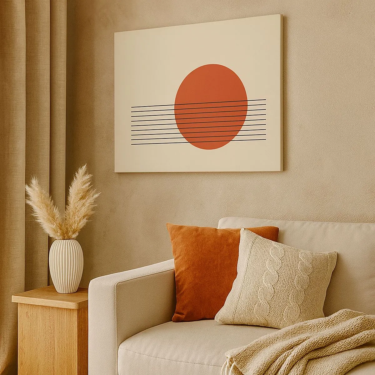 Tablou pe pânză Canvas - Cerc roșu abstract cu linii pe un fundal bej. - 70x50cm - În continuare - Decorațiune modernă pentru perete pentru living și dormitor ARTTOR